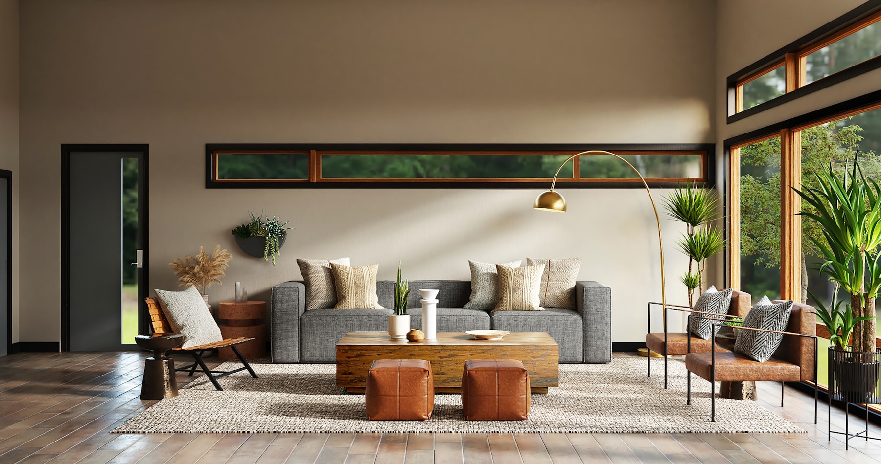 Warm neutral living room, wood detail